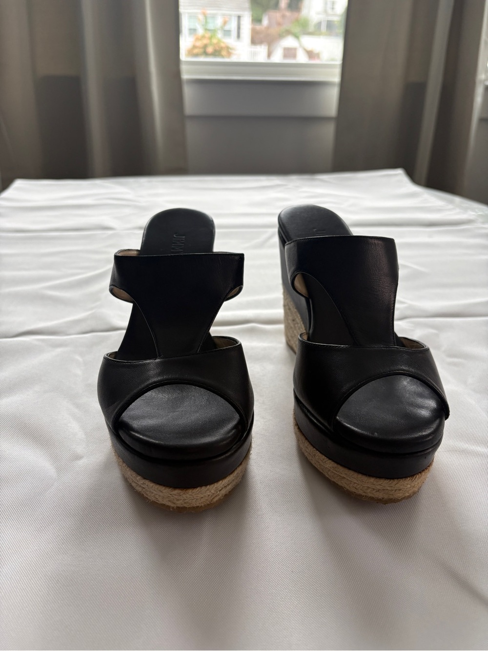 Jimmy Choo Black Leather Platform Espadrille Wedge Slides size 36.5(US 6.5)